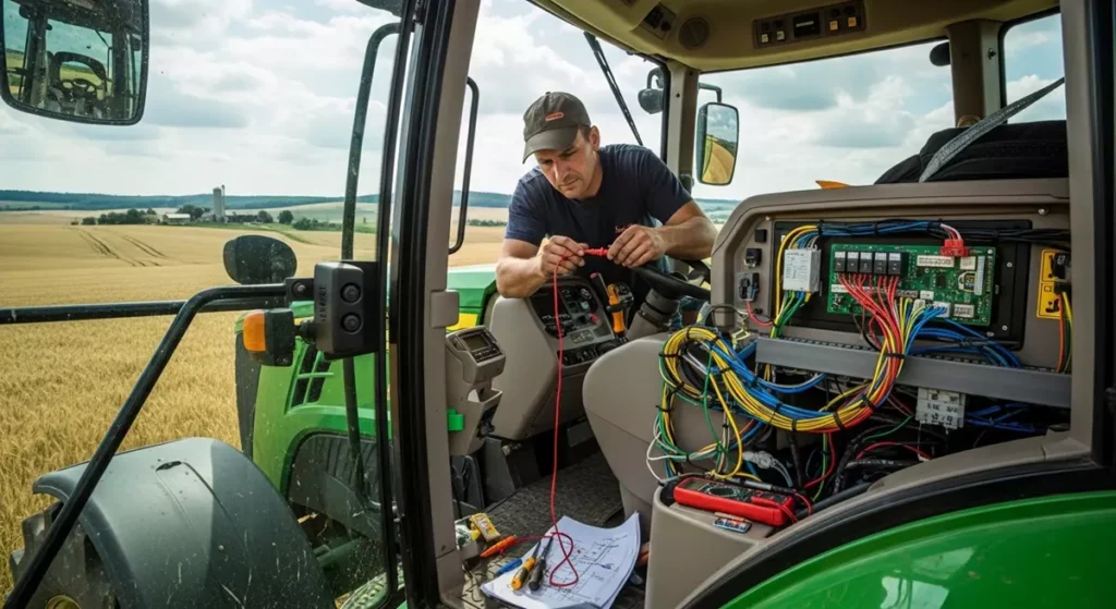 Serwisant maszyn rolniczych diagnozujący skomplikowaną wiązkę elektryczną w kabinie nowoczesnego ciągnika
