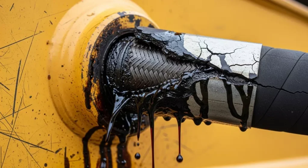 Uszkodzony przewód hydrauliczny maszyny budowlanej