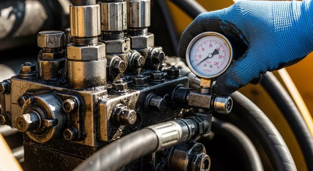 Test ciśnienia układu hydraulicznego przed sprzedażą Manometr podpięty do bloku zaworowego podczas testowania ciśnienia w używanej ładowarce