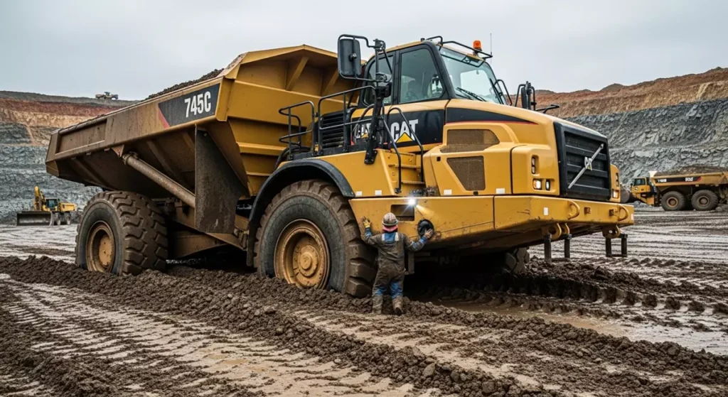 Mechanik weryfikujący stan centralnego przegubu wozidła kopalnianego pracującego w głębokim błocie