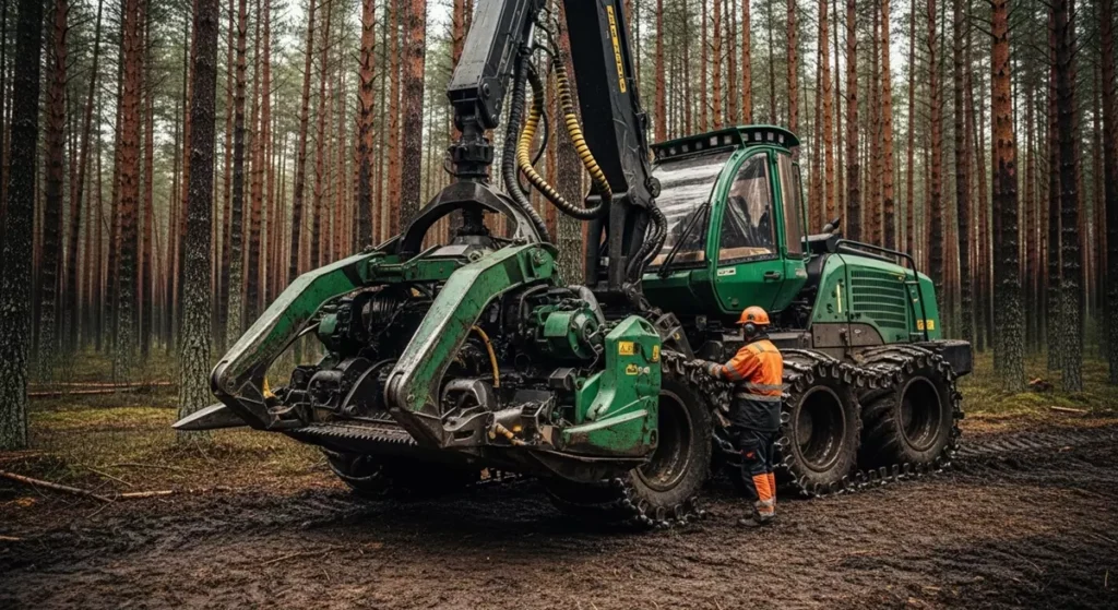 Mechanik sprawdzający głowicę ścinkową zepsutego harvestera w głębokim lesie