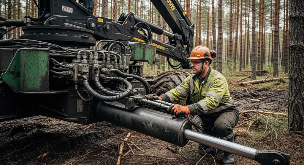 Mechanik diagnozujący siłowniki i zamki hydrauliczne na żurawiu maszyny leśnej pracującej w lesie