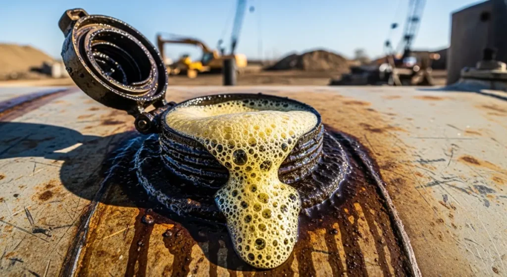 Gęsta piana i spieniony olej hydrauliczny wylewający się ze zbiornika koparki gąsienicowej