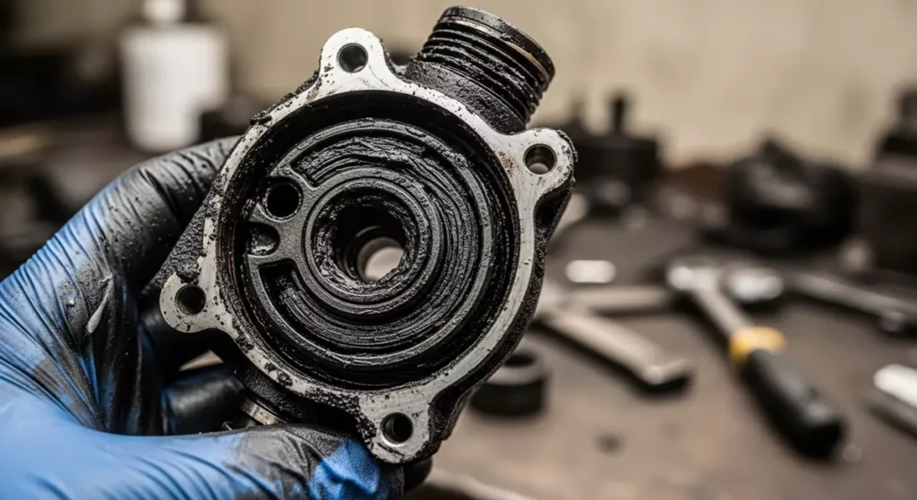 Wymontowany zawór EGR z silnika diesla całkowicie zablokowany twardą, czarną sadzą