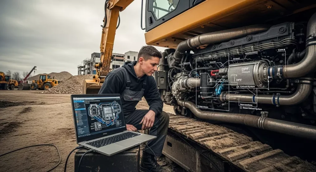 Serwisant z laptopem diagnostycznym sprawdzający zapchany filtr DPF w nowoczesnej koparce gąsienicowej