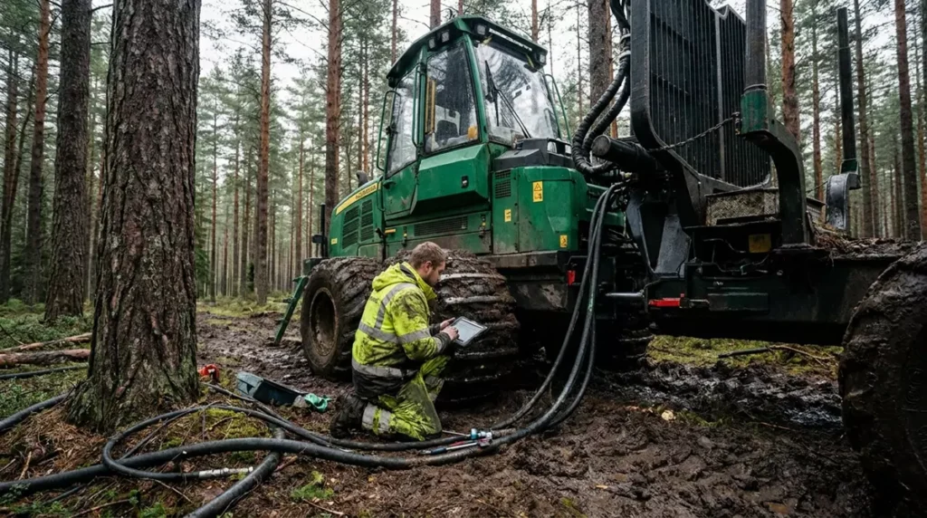 Mechanik sprawdzający pompę napędu hydrostatycznego w maszynie leśnej typu forwarder