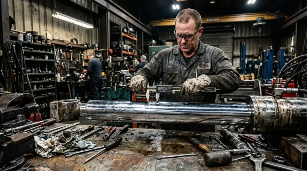 Mechanik weryfikujący wymiary i prostoliniowość tłoczyska siłownika hydraulicznego za pomocą suwmiarki