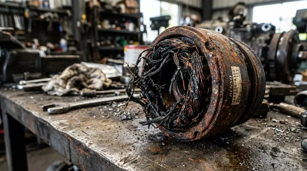 Spalona i zardzewiała cewka sprzęgła elektromagnetycznego kompresora AC z maszyny budowlanej