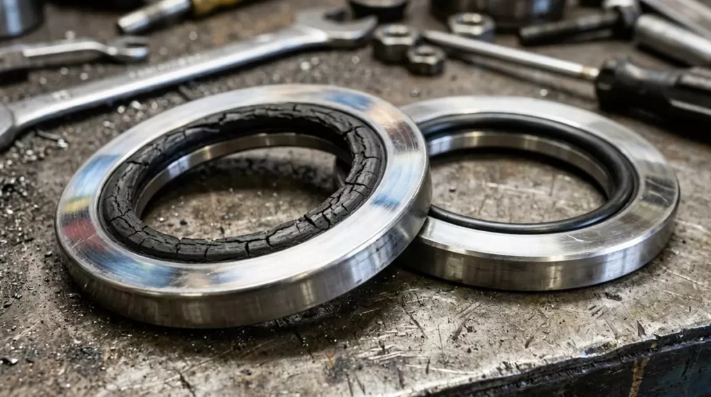 Zdemontowane, metalowe uszczelnienia pływające (lustrzane) z pękniętym o-ringiem dociskowym