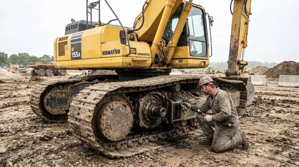 Mechanik weryfikujący wyciek oleju przekładniowego z uszkodzonej zwolnicy napędowej koparki