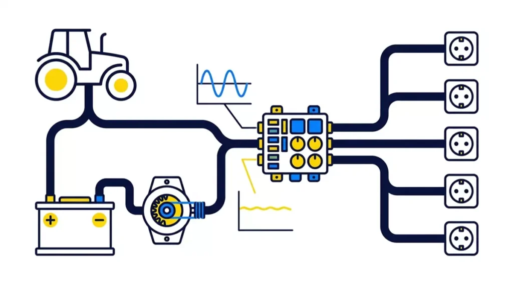 Schemat zasilania elektrycznego ciągnika rolniczego z zaznaczonymi punktami kontroli napięcia