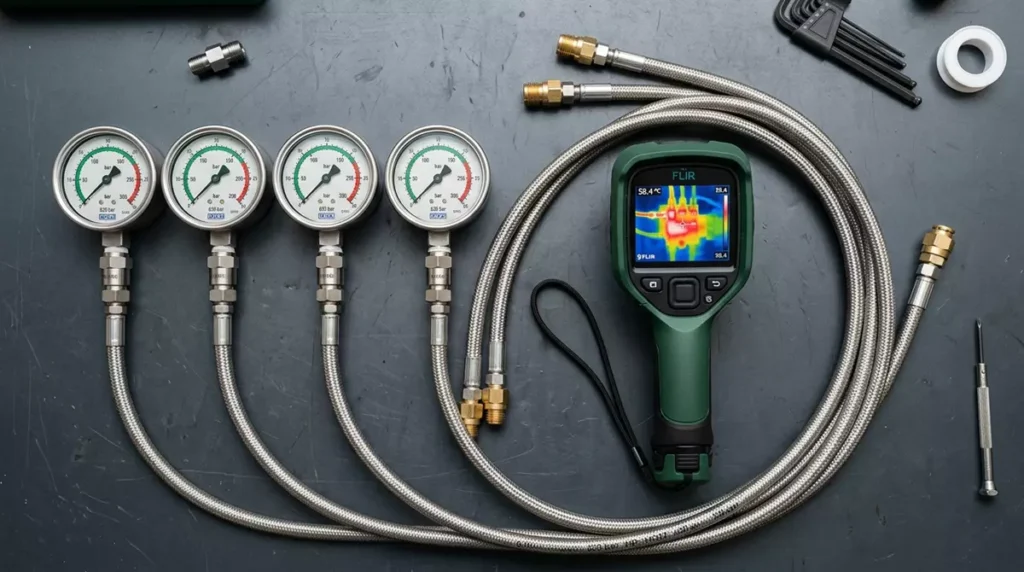 Manometry ciśnieniowe i kamera termowizyjna do diagnostyki przecieków wewnętrznych w hydraulice leśnej