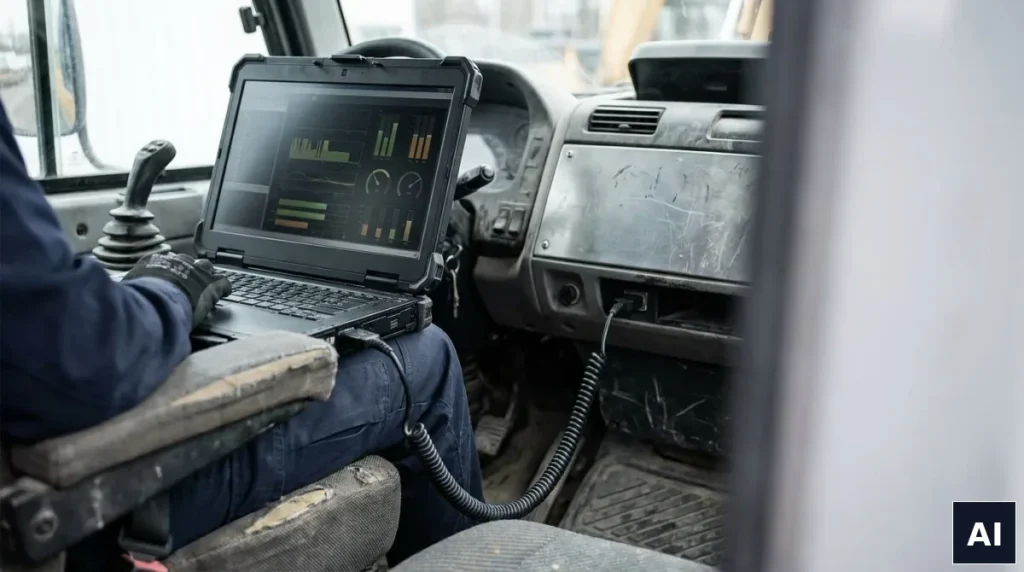 Diagnostyka komputerowa maszyny budowlanej - laptop serwisowy podłączony do sterownika koparki