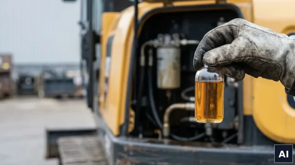 Kontrola czystości oleju hydraulicznego - pobrana próbka oleju z układu maszyny budowlanej