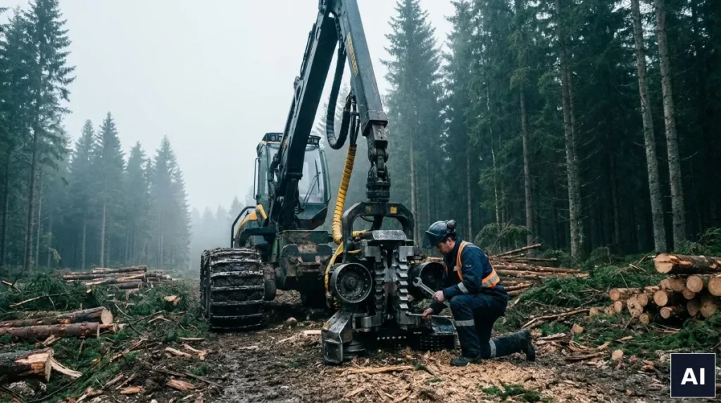 Serwis maszyn leśnych - technik naprawia głowicę harwestera na zrębie