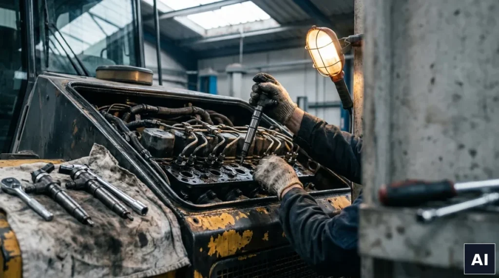 Serwis układu paliwowego diesel - demontaż wtryskiwaczy w silniku maszyny budowlanej
