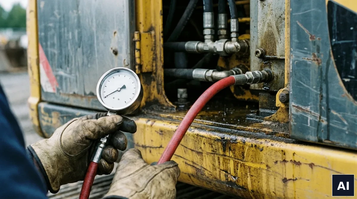 Serwisant mierzy ciśnienie w układzie hydraulicznym maszyny manometrem kontrolnym