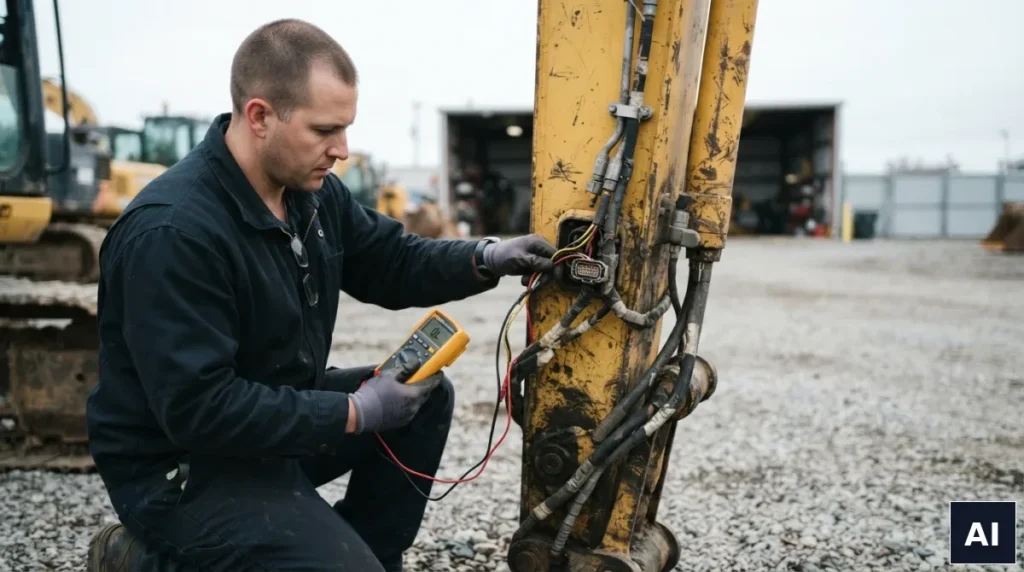 Serwisant testuje wiązkę elektryczną koparki multimetrem podczas diagnozy usterki przerywanej