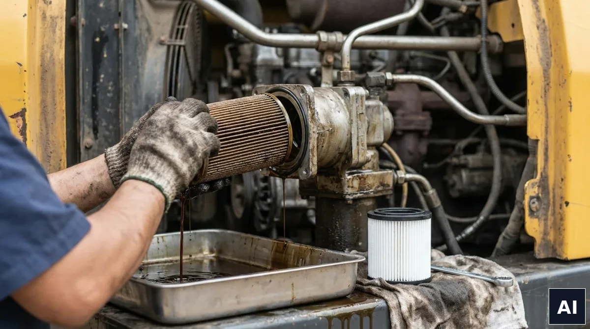 Wymiana filtra hydraulicznego w maszynie budowlanej i kontrola osadu metalicznego we wkładzie
